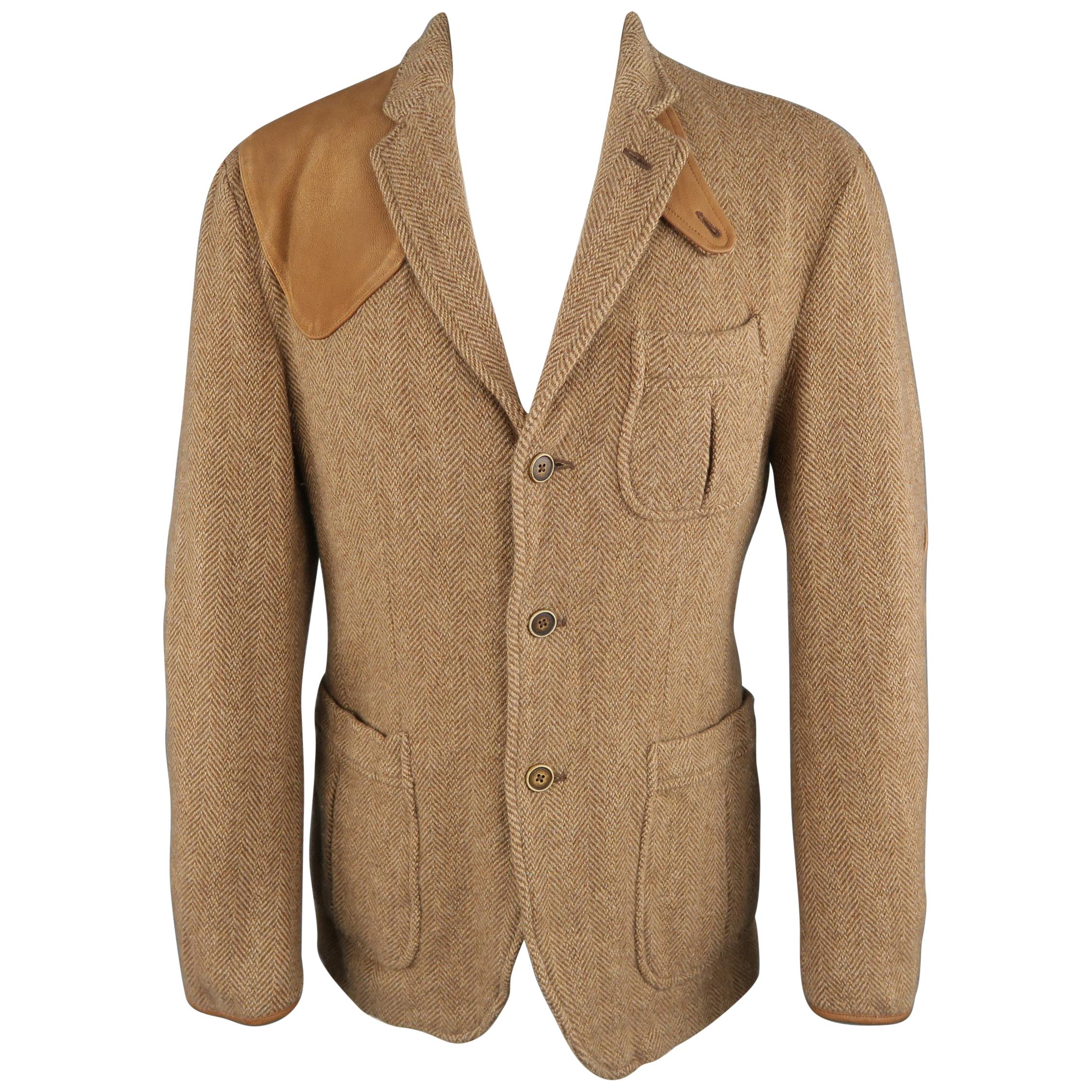 RALPH LAUREN 38 Tan Herringbone Tweed Wool Suede Elbow Pad Jacket