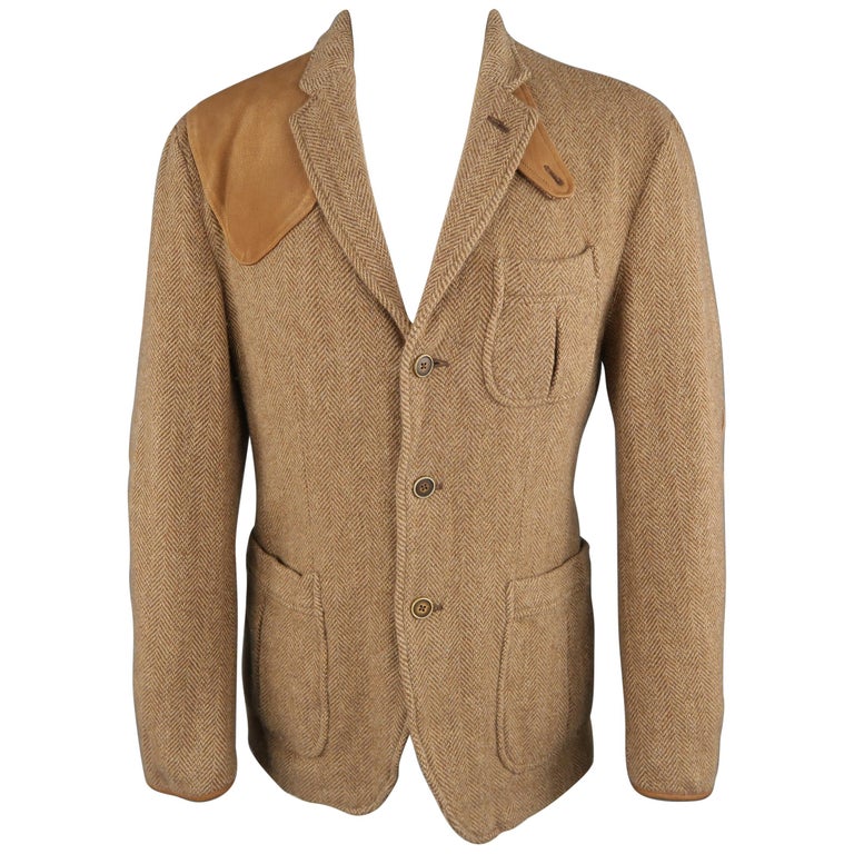 RALPH LAUREN 38 Tan Herringbone Tweed Wool Suede Elbow Pad Jacket at