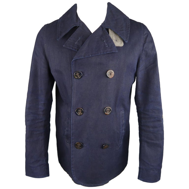 GOLDEN BEAR M Indigo Denim Double Breasted Gray Wool Elbow Peacoat at ...
