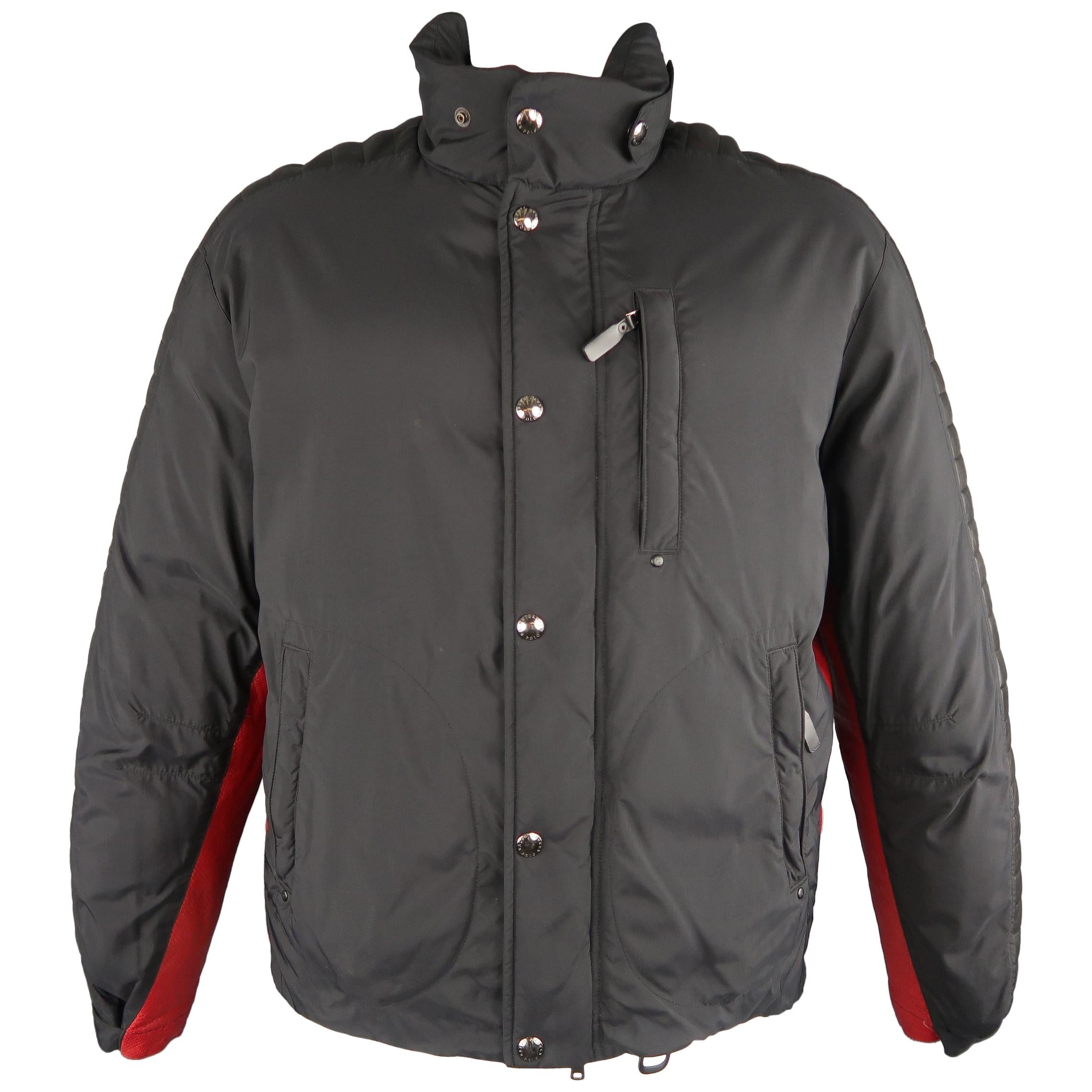 RALPH LAUREN 42 Black & Red Nylon& Leather Down Puffer Jacket