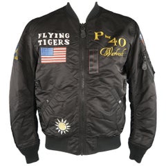 Vintage AVIREX Size XL Black Nylon Flying Tigers Patches Bomber Flight Jacket