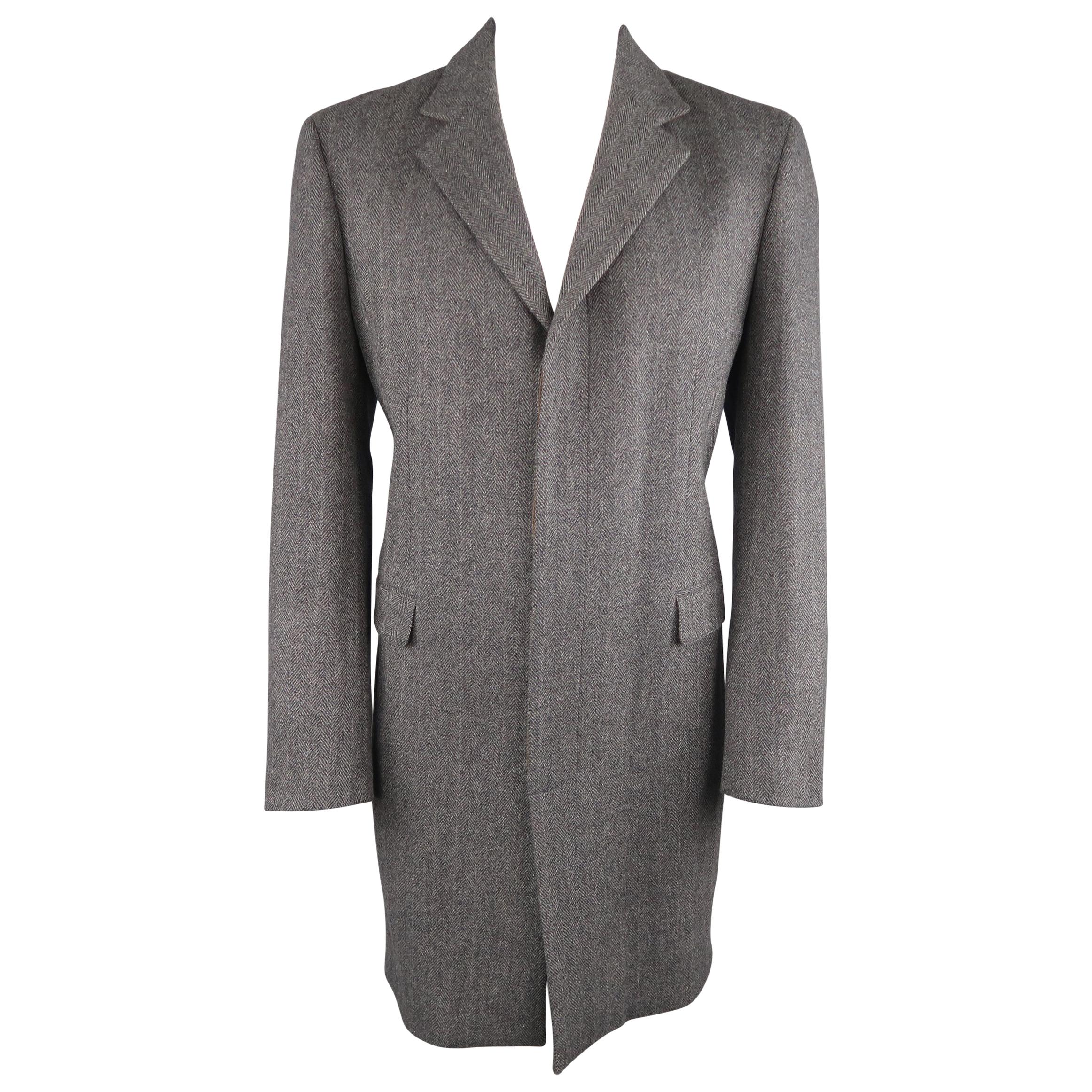 Men's ELIE TAHARI L Grey Herringbone Wool / Cashmere Notch Lapel Over Coat