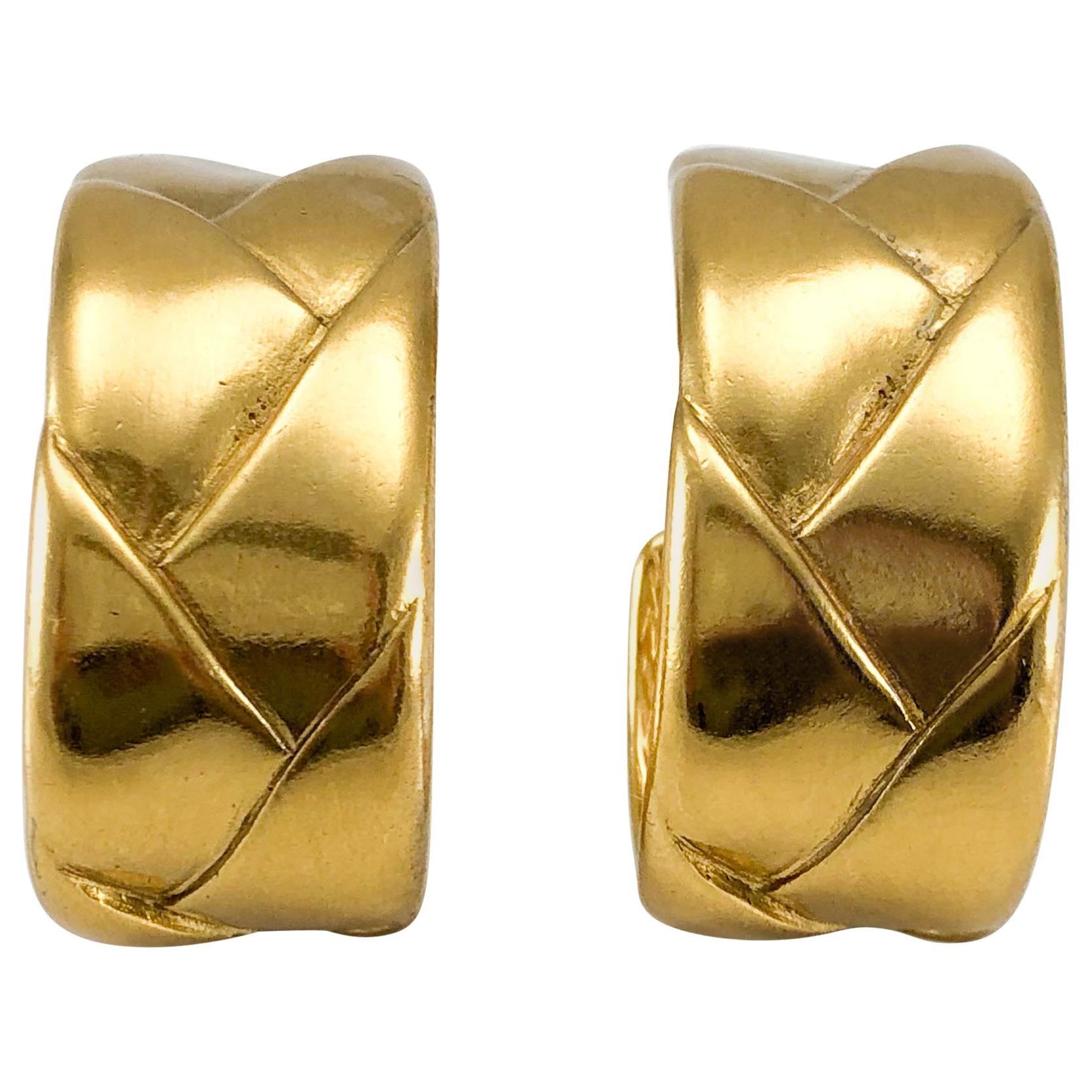 1980's Yves Saint Laurent Gold-Plated Quilted Hoop Earrings For Sale