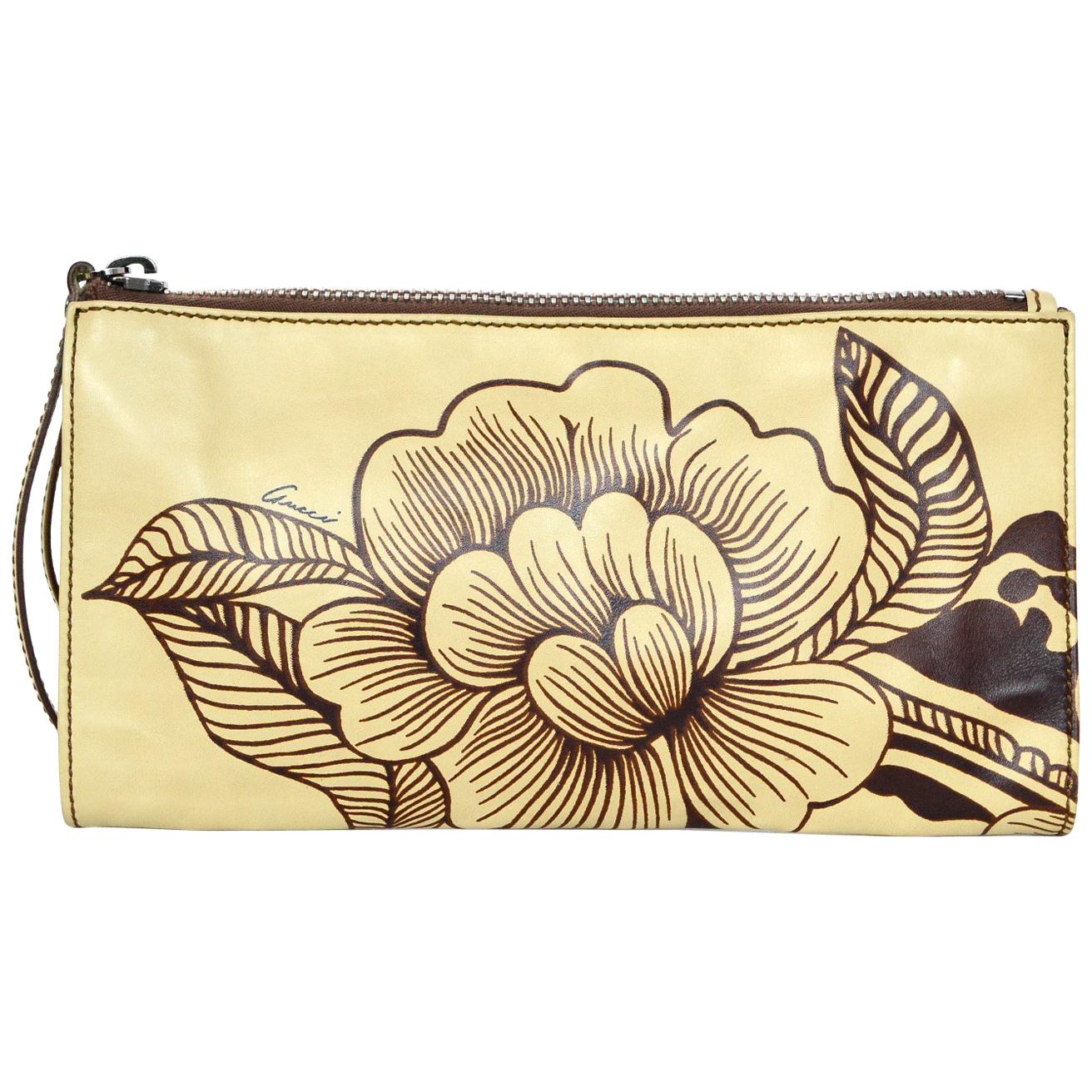 Gucci Tan/Brown Floral Leather Wristlet Bag w/ Dust Bag