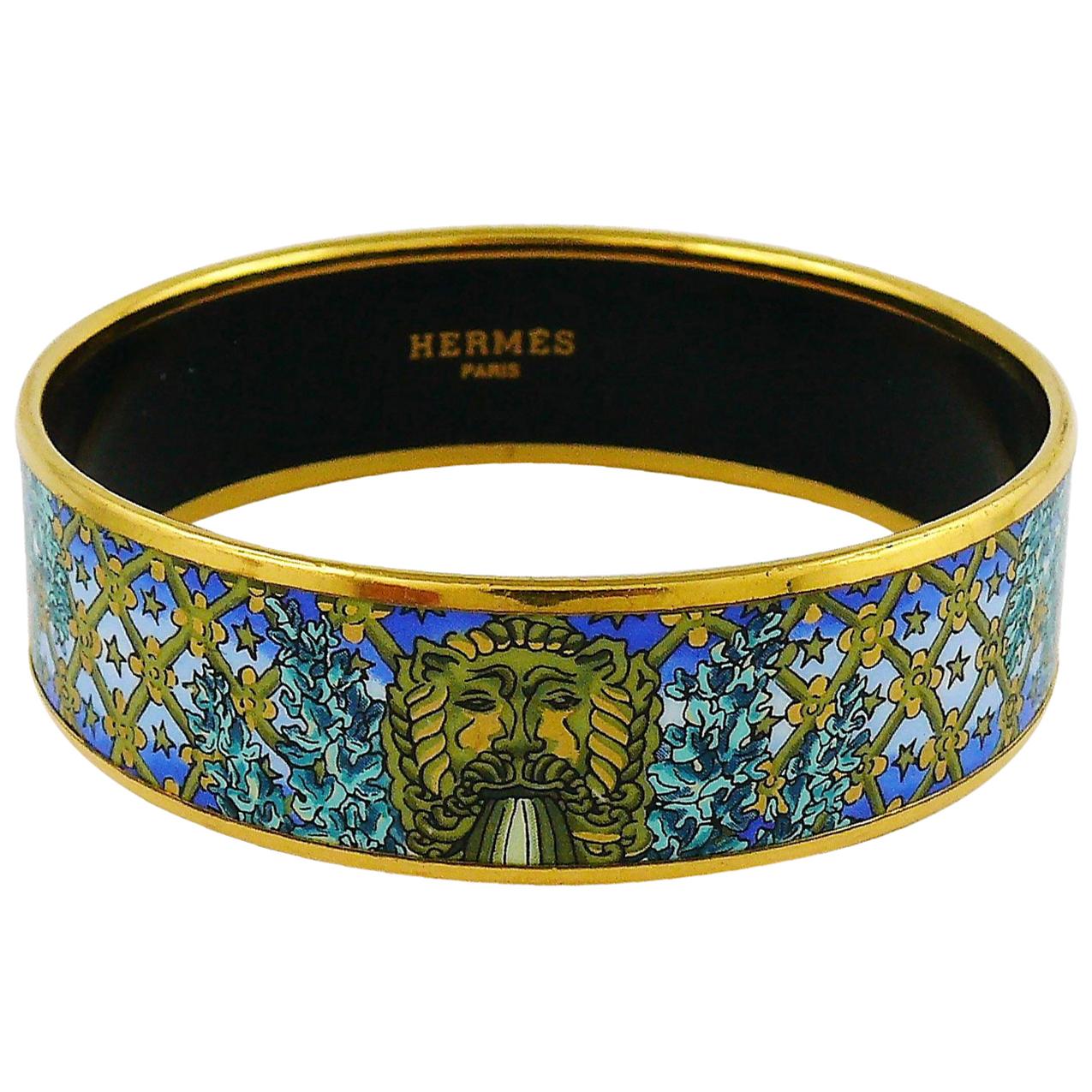 Hermes Vintage Lion Head Fountain Printed Enamel Bangle Bracelet PM (65)