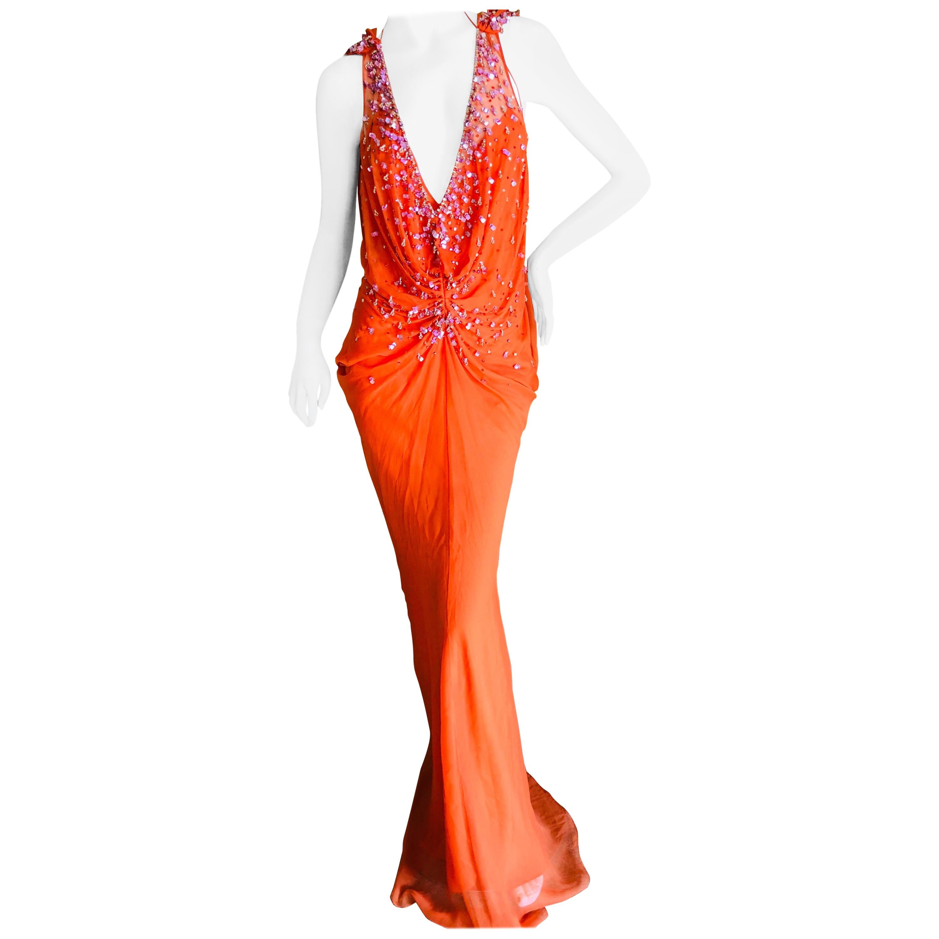 Christian Dior by John Galliano Low Cut Embellished Orange Silk Evening Dress For Sale