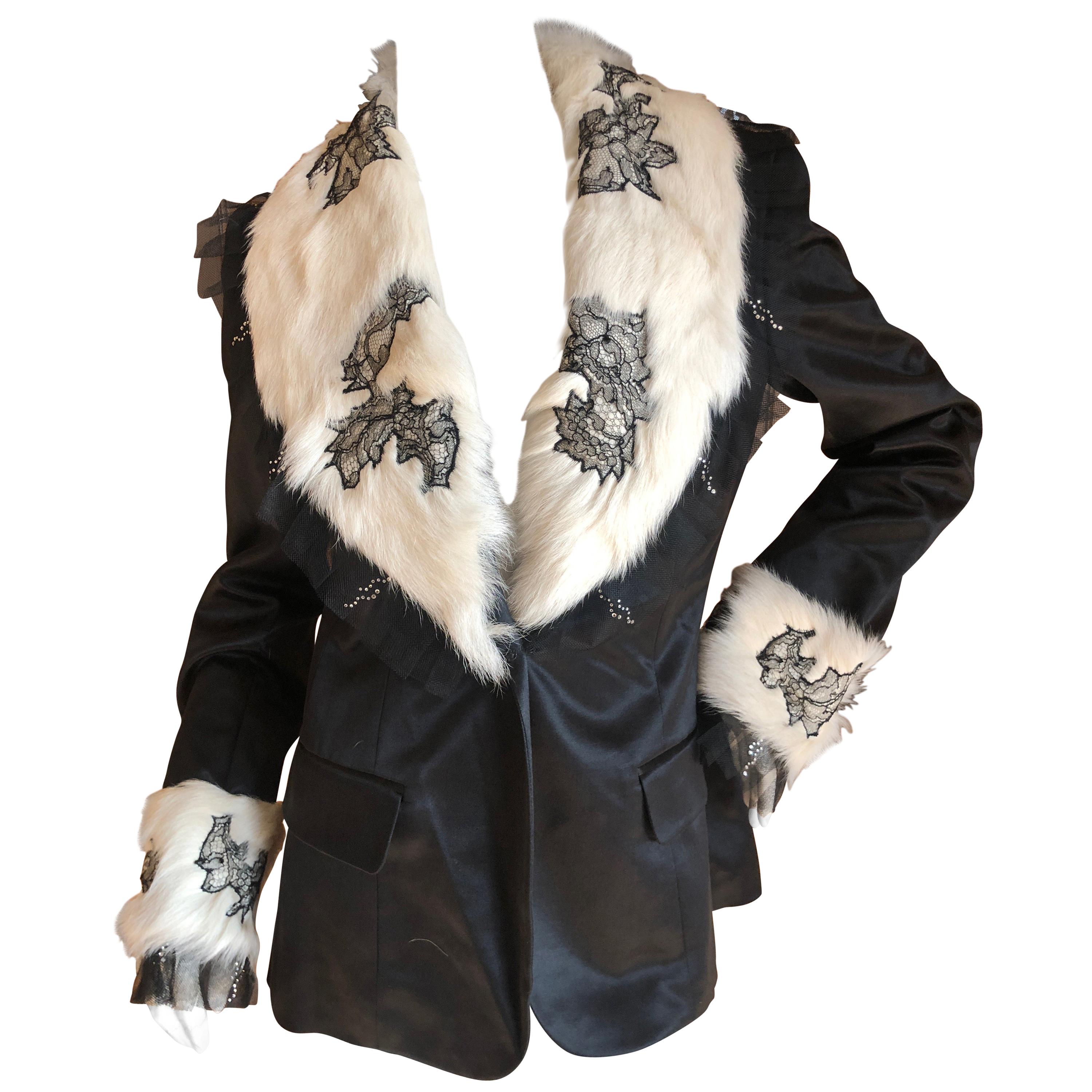 John Galliano Black Vintage Jacket w Lace Trim Mongolian Lamb Fur Collar & Cuffs For Sale