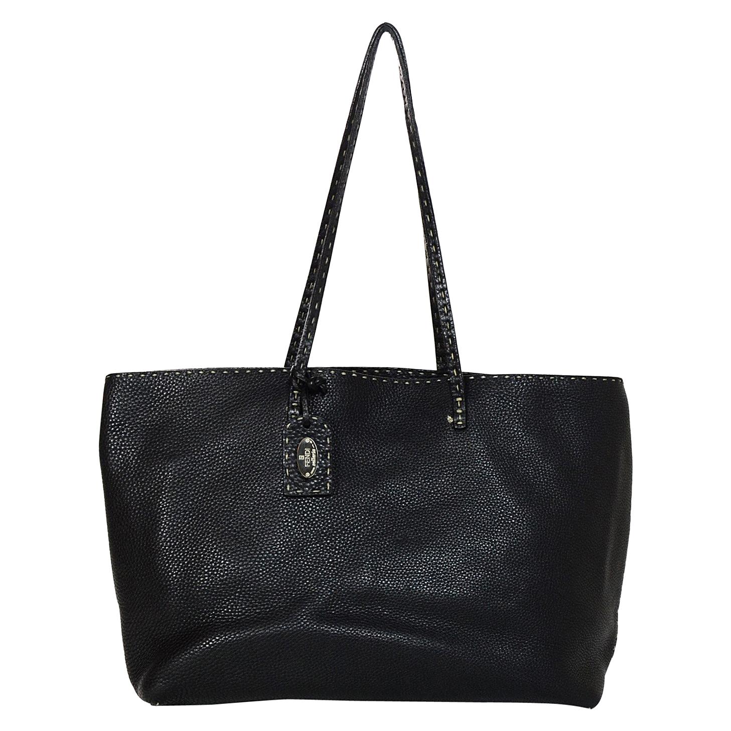 Fendi Black Pebbled Leather Selleria Tote Bag w/ Contrast Stitching