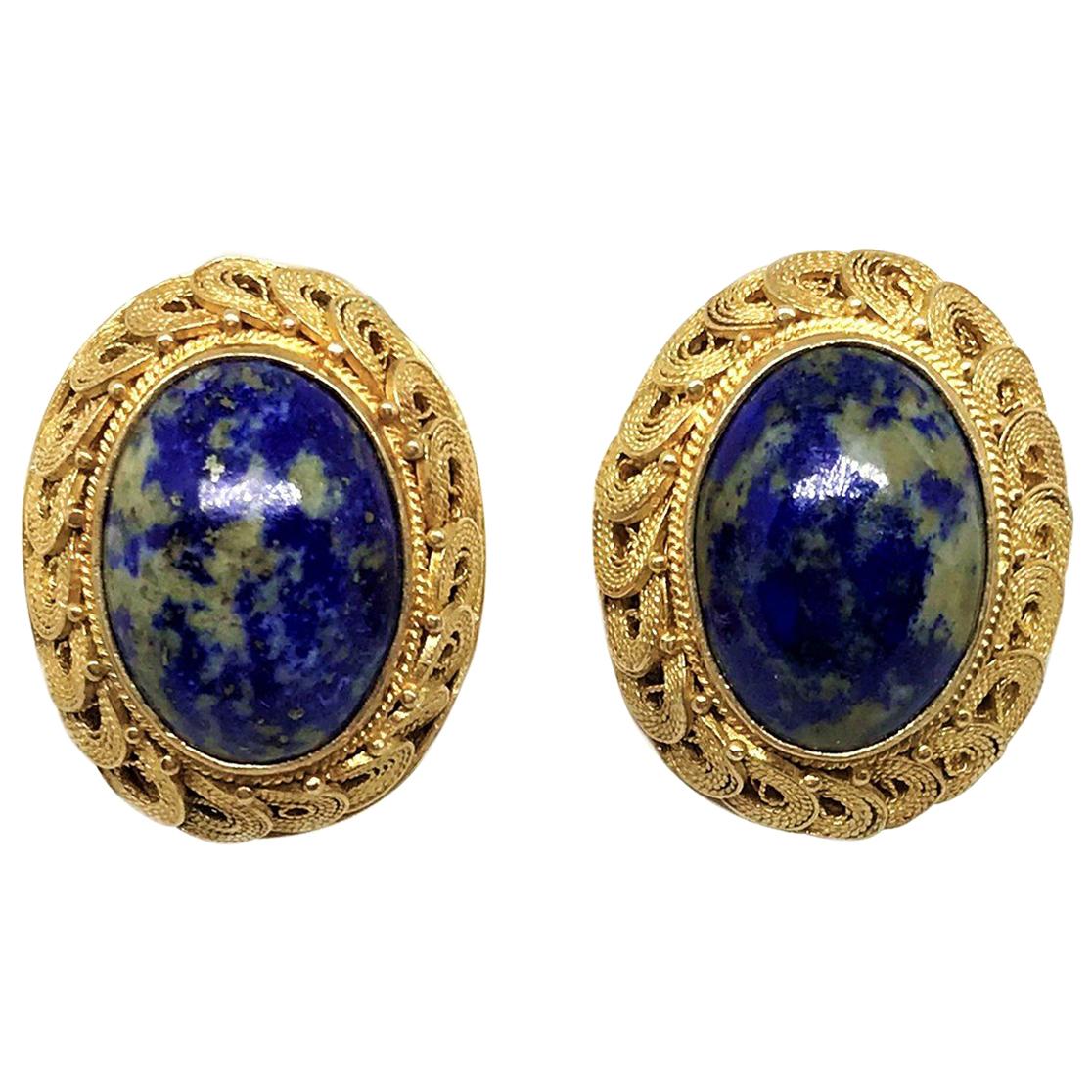 Circa 1950s Chinese Gold-Plated Sterling Silver Blue Sodalite Clip-Back Earrings For Sale