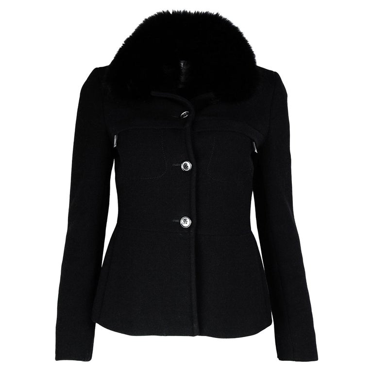 Prada Black Wool Jacket W/ Detachable Fur Collar Sz 40 For Sale at 1stDibs