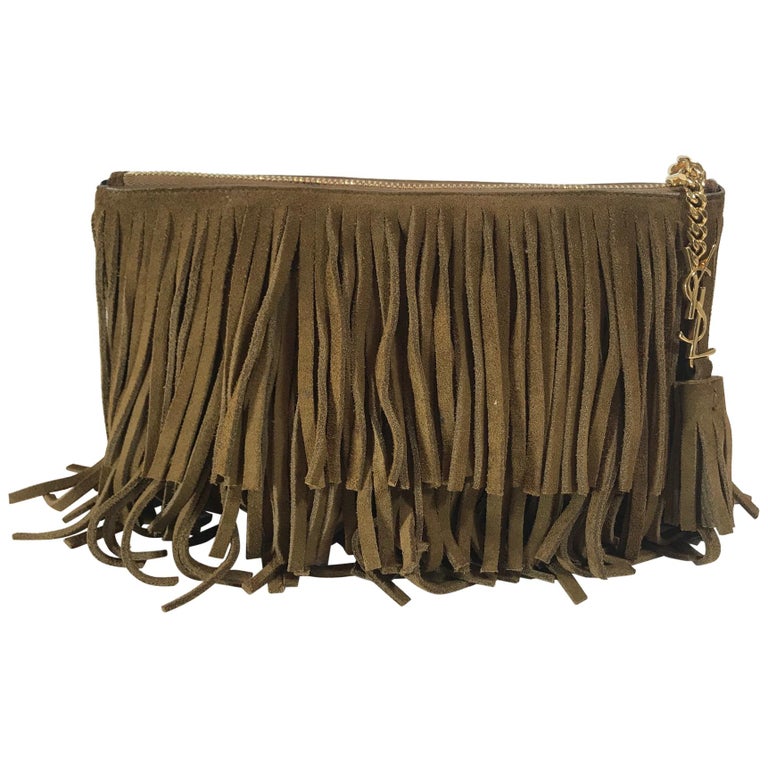 Saint Laurent Monogram Medium Suede Fringe Clutch Bag For Sale at 1stDibs