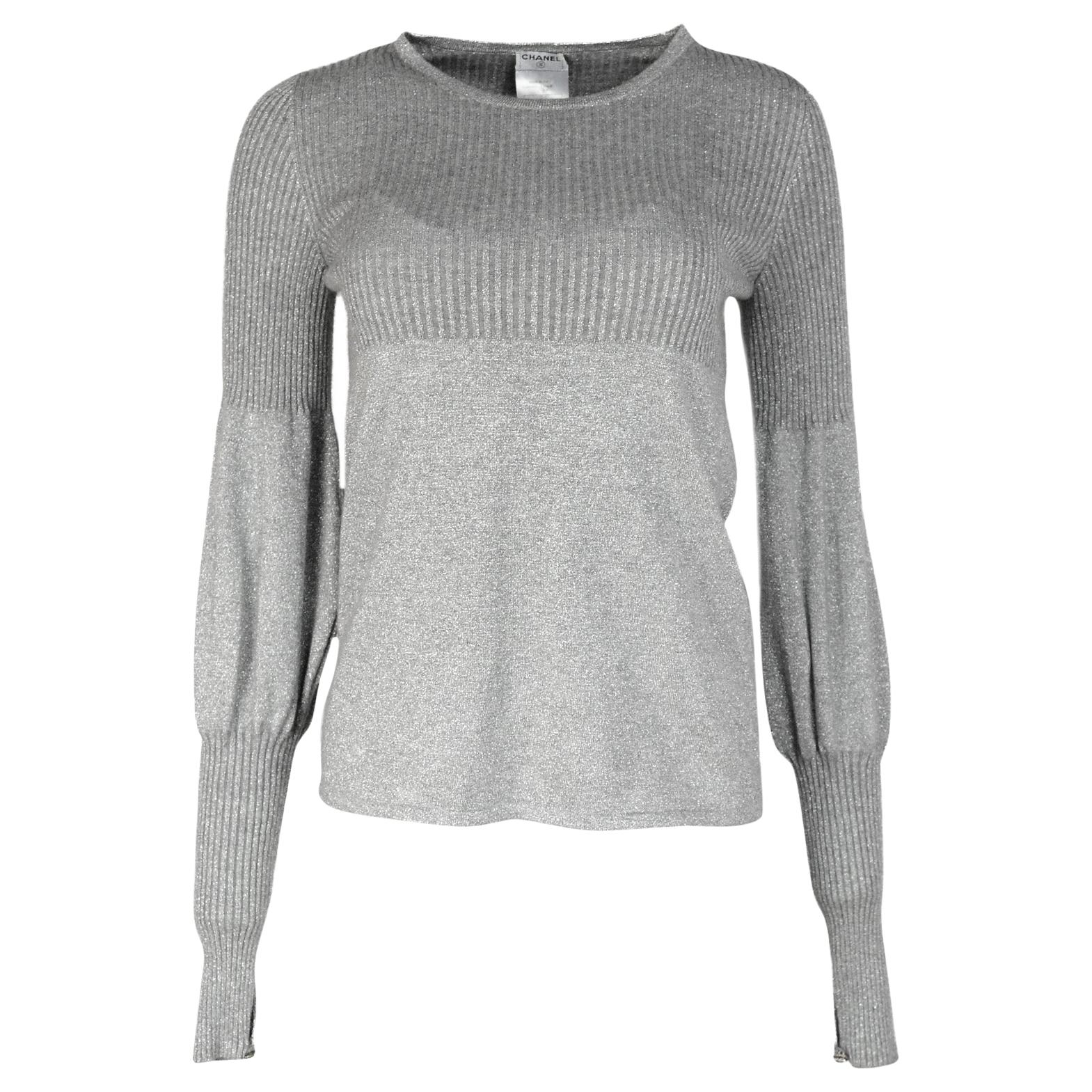 Chanel Grey Cashmere/Cotton Glitter Long Balloon Sleeve Sweater Sz 36