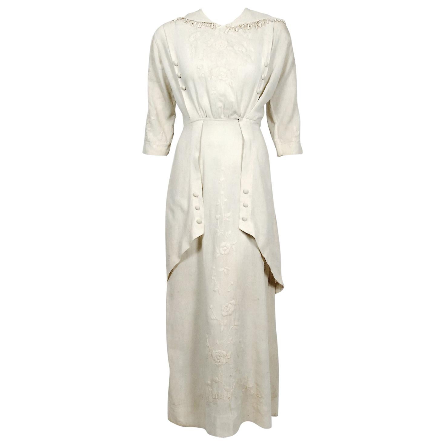 1916 Edwardian Ivory Embroidered Roses Silk Crepe Fringe Collar Tiered Gown