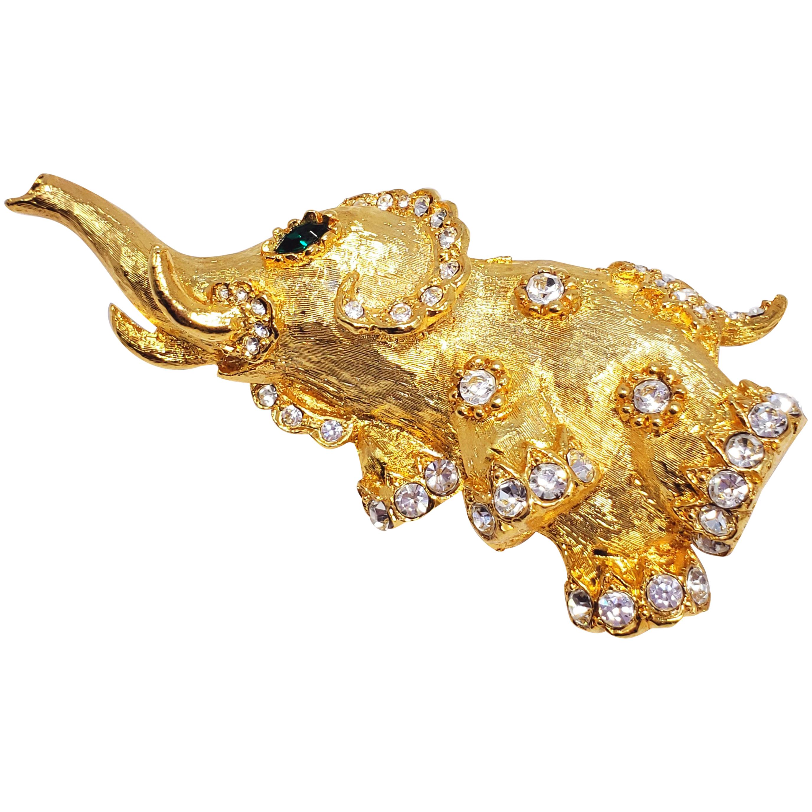 KJL Kenneth Jay Lane Clear & Green Crystal Elephant Pin in Textured Gold