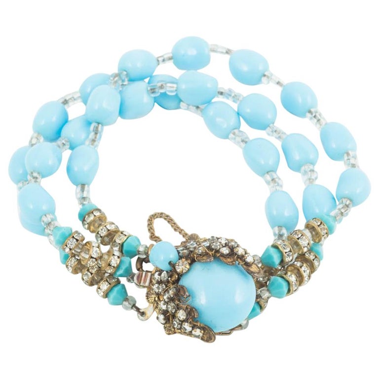 Turquoise glass and paste 3 row bracelet, Miriam Haskell, late 1950s at ...