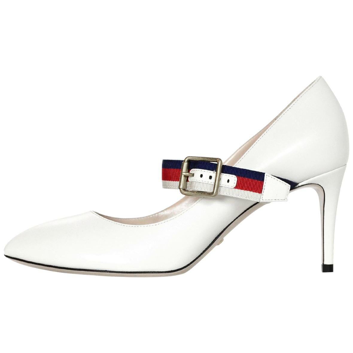 Gucci NEW White Leather Sylvie Pumps w. Red/Blue Grosgrain-Trimmed Web Sz 37.5