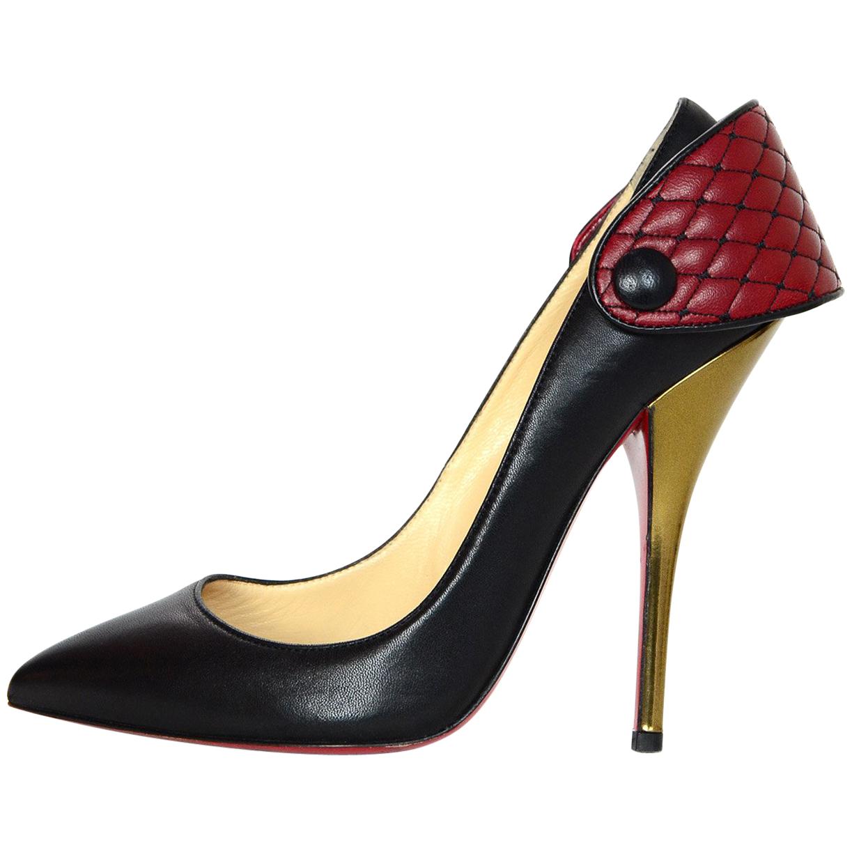 Christian Louboutin Leather Huguetta 120 Pumps W/ Red Quilted Cuff Sz 37