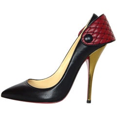 Christian Louboutin Leather Huguetta 120 Pumps W/ Red Quilted Cuff Sz 37