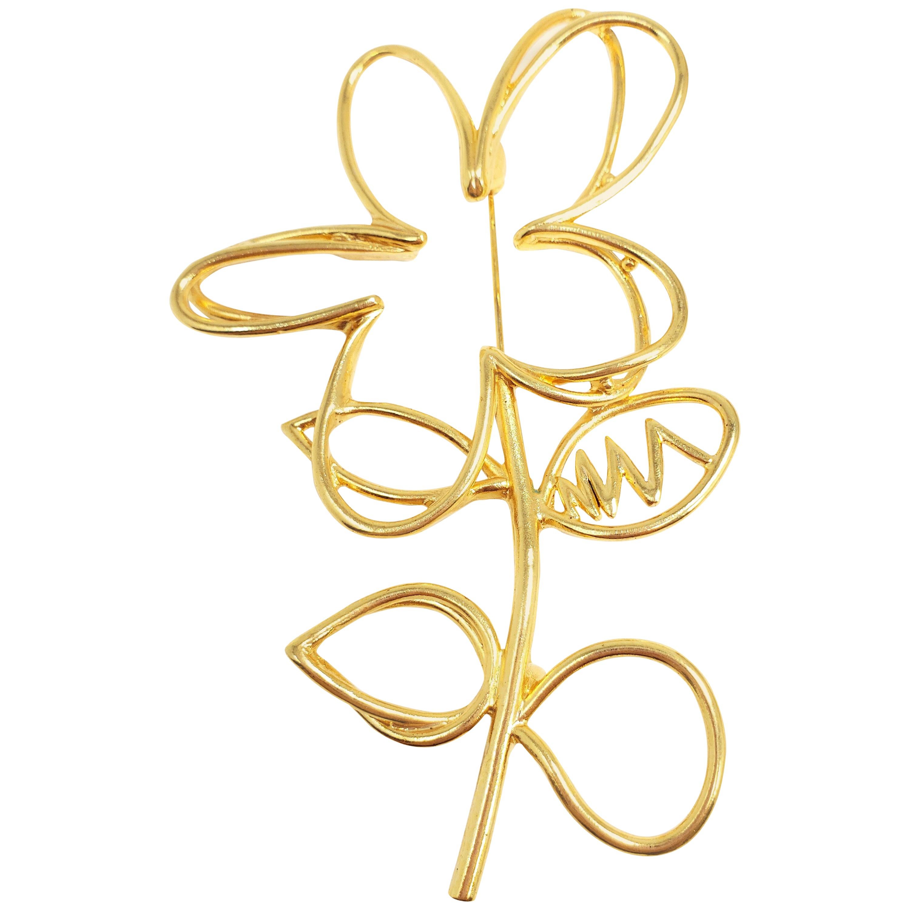 Oscar de la Renta Botanical Scribble Flower Brooch Pin in Gold