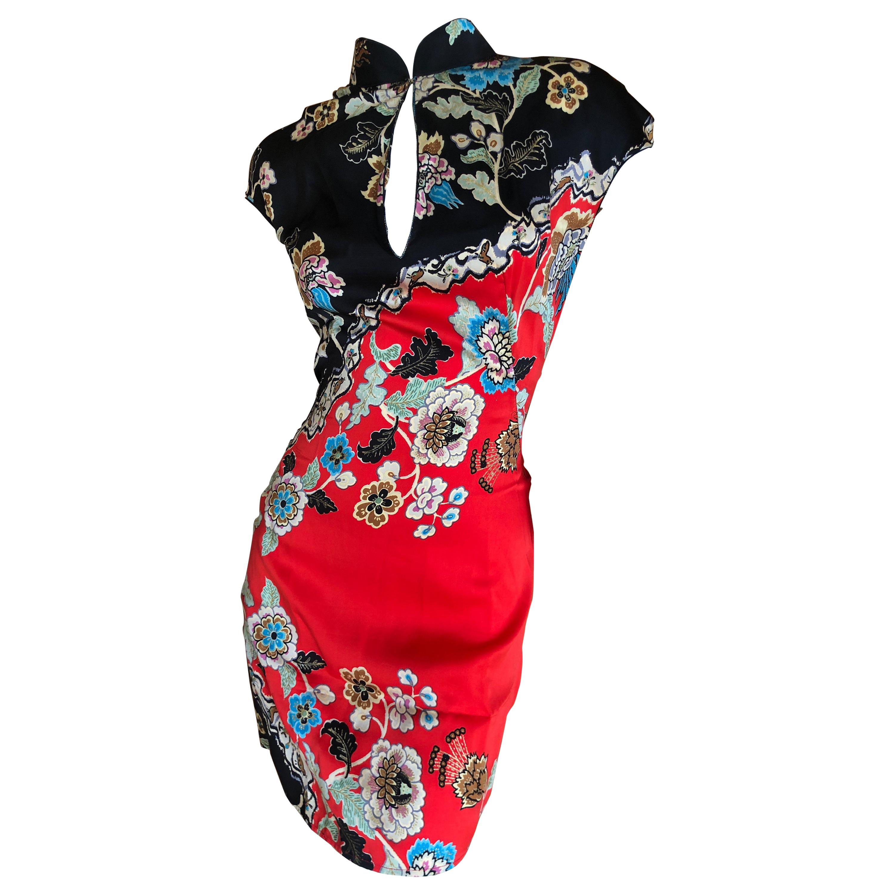 Roberto Cavalli Spring 2003 Silk Cheongsam Style Floral Dress For Sale