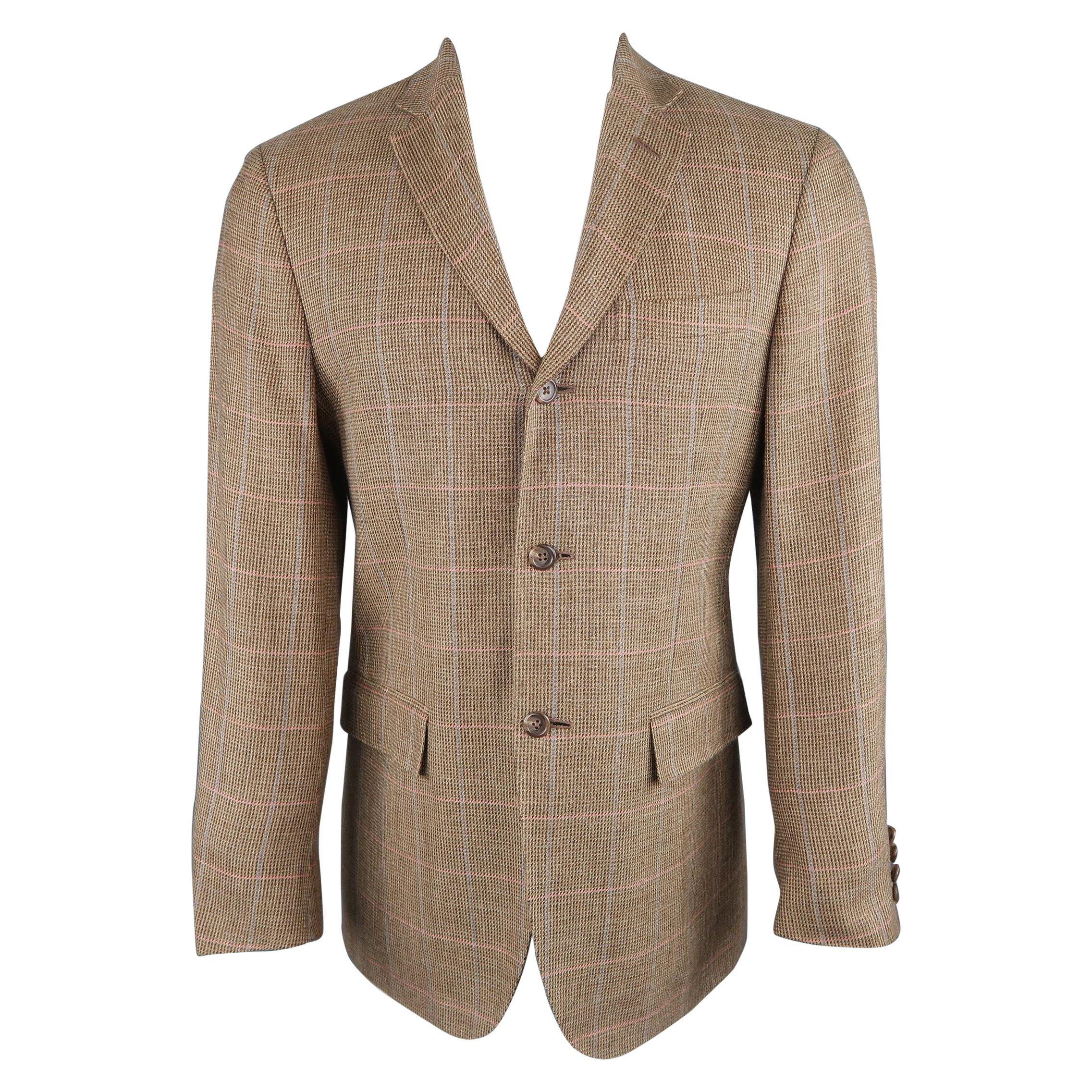 RALPH LAUREN 38 Tan Pink & Blue Window Pane Silk / Wool Sport Coat