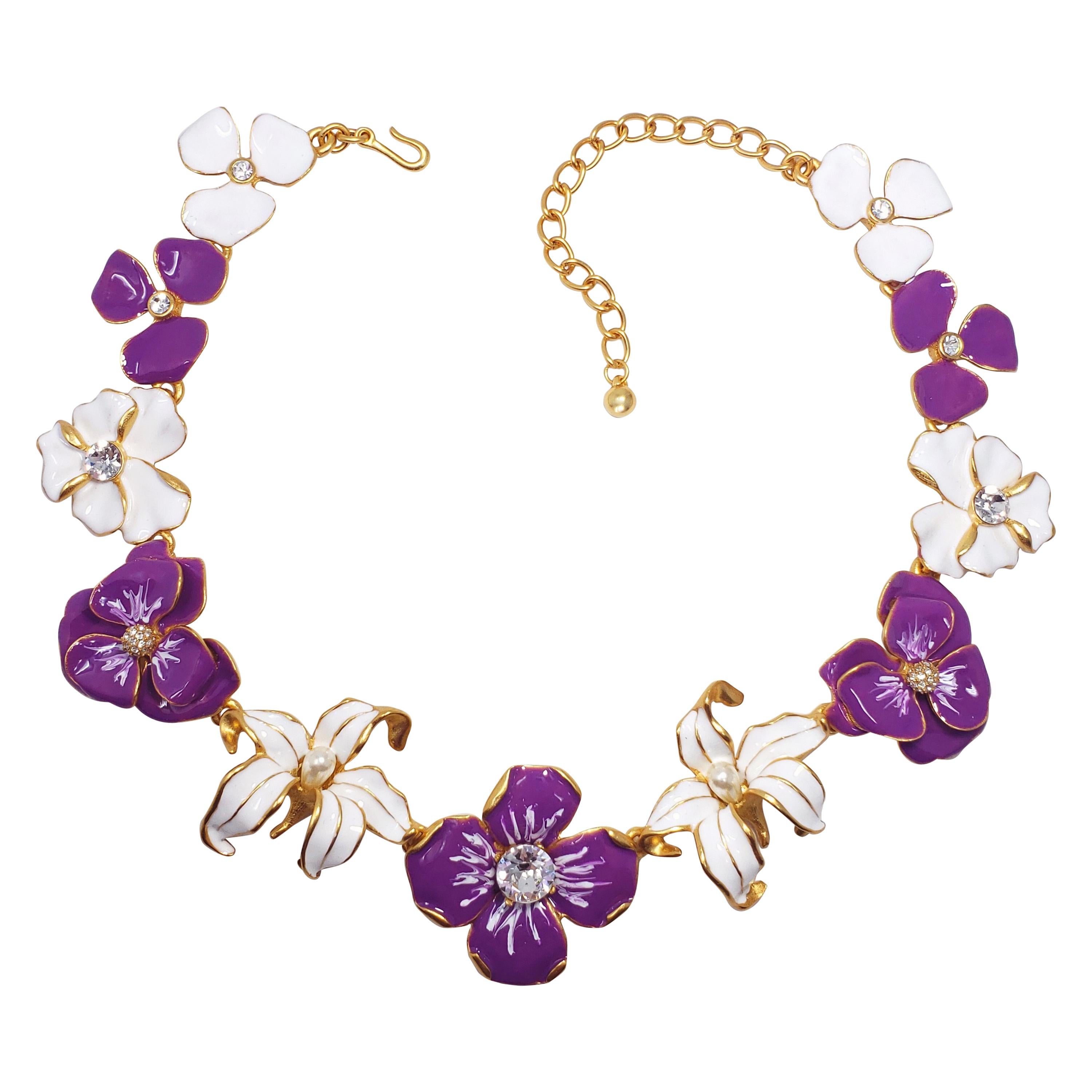 KJL Kenneth Jay Lane Flower Necklace Purple White Enamel Faux Pearl & Crystals