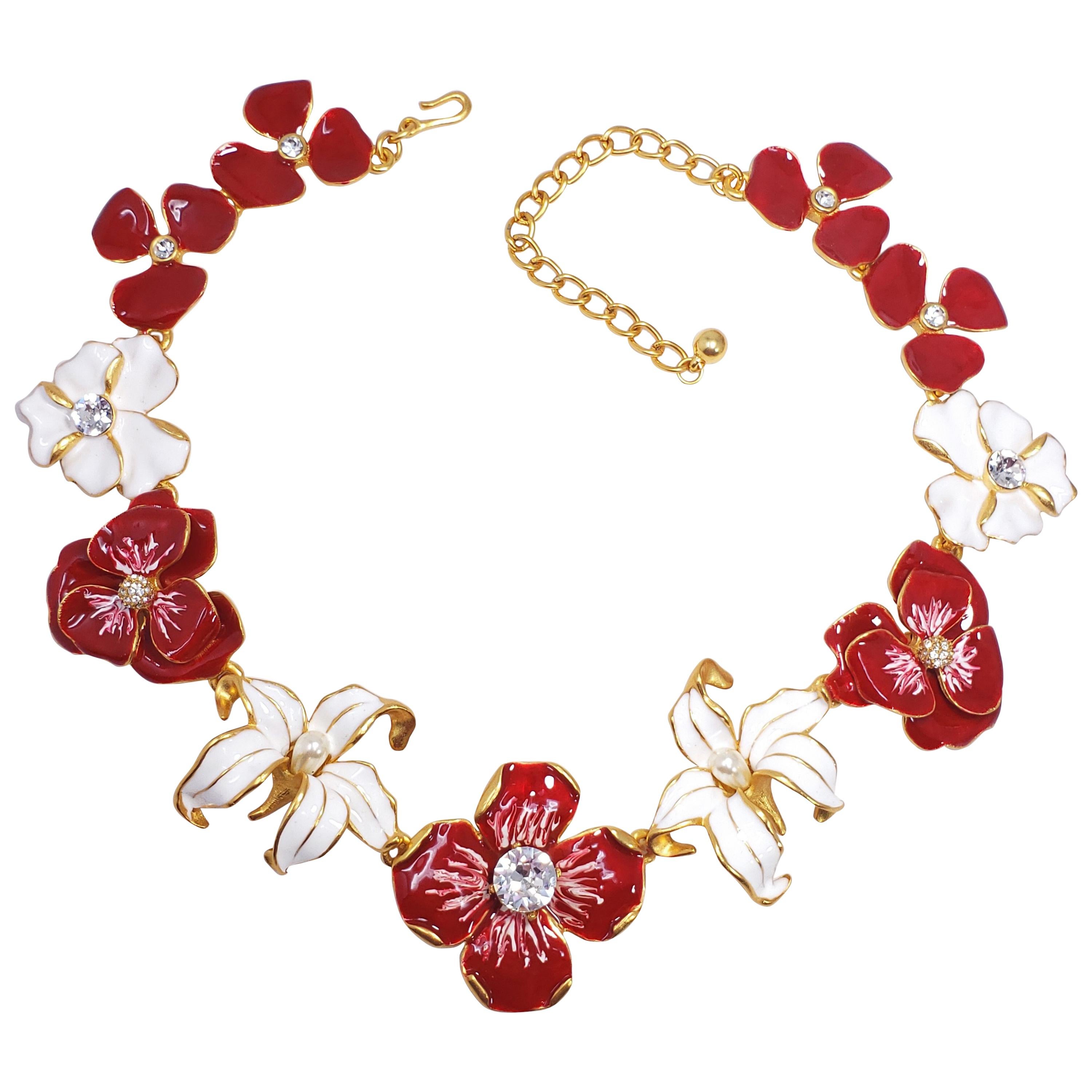 KJL Kenneth Jay Lane Flower Necklace Red White Enamel Faux Pearl & Crystals