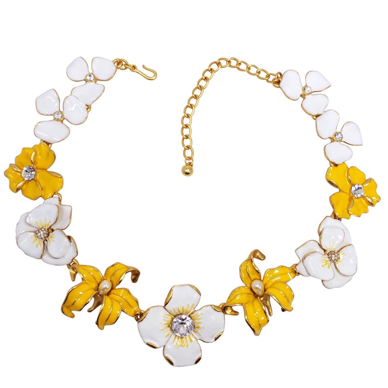 KJL Kenneth Jay Lane Flower Necklace Yellow White Enamel Faux Pearl & Crystals For Sale
