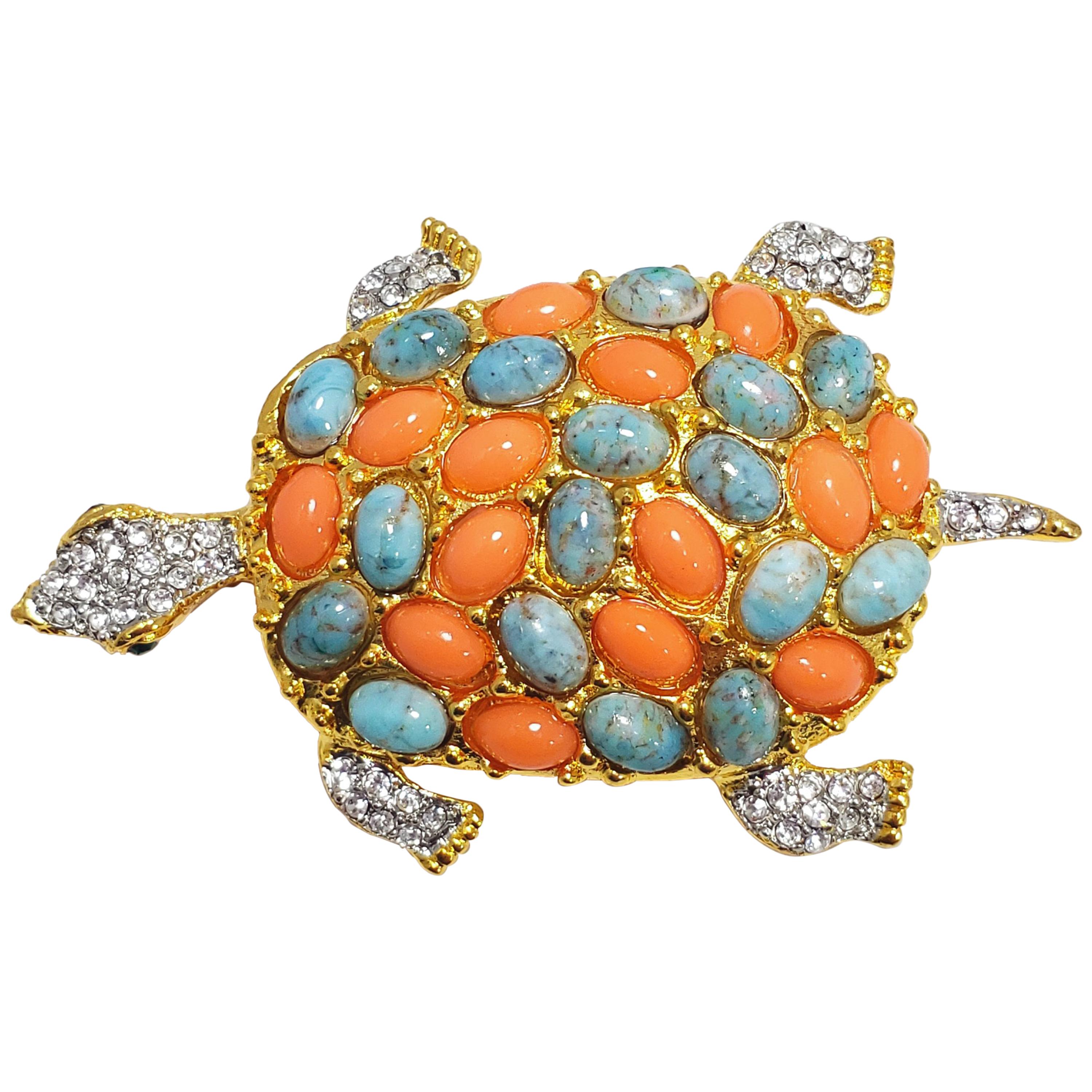 KJL Kenneth Jay Lane Pave Cabochon & Crystal Turtle Brooch Pin in Gold