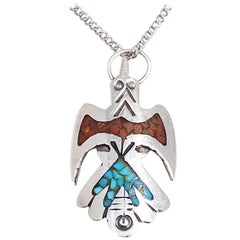 Zuni Thunderhawk Pendant Necklace Tribal Sterling Silver Coral Turquoise