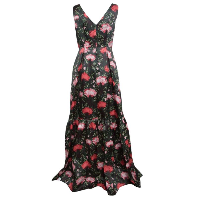 Erdem Green Floral Printed Silk Gazar Ruffled Bottom Alouette Gown M