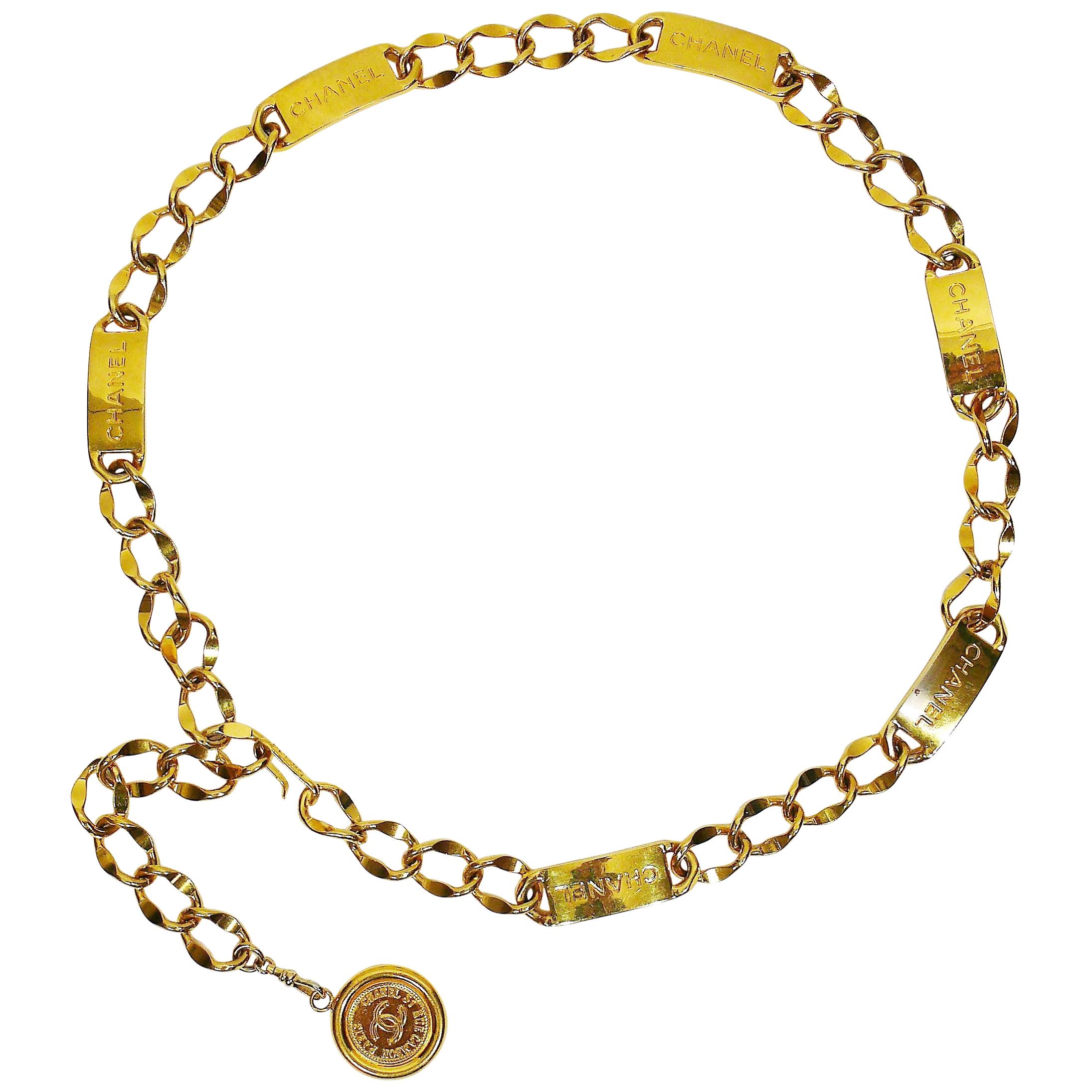 Chanel Vintage goldfarbene Signatur ID Plate Kette Gürtel Halskette