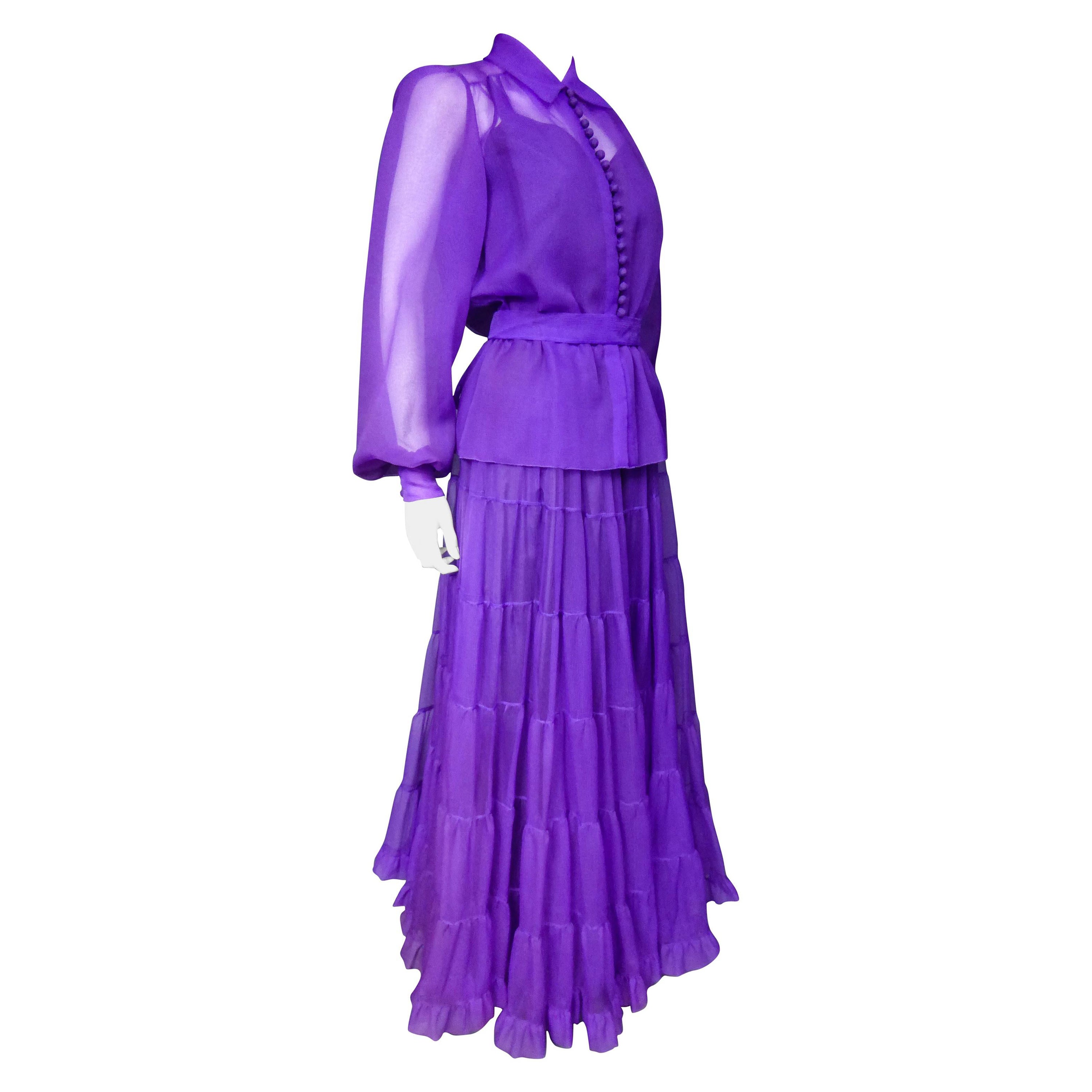 A  French Purple Organza Couture Skirt and Blouse Set Circa 1970