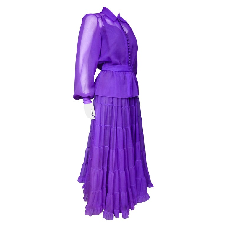 A  French Purple Organza Couture Skirt and Blouse Set Circa 1970 For Sale