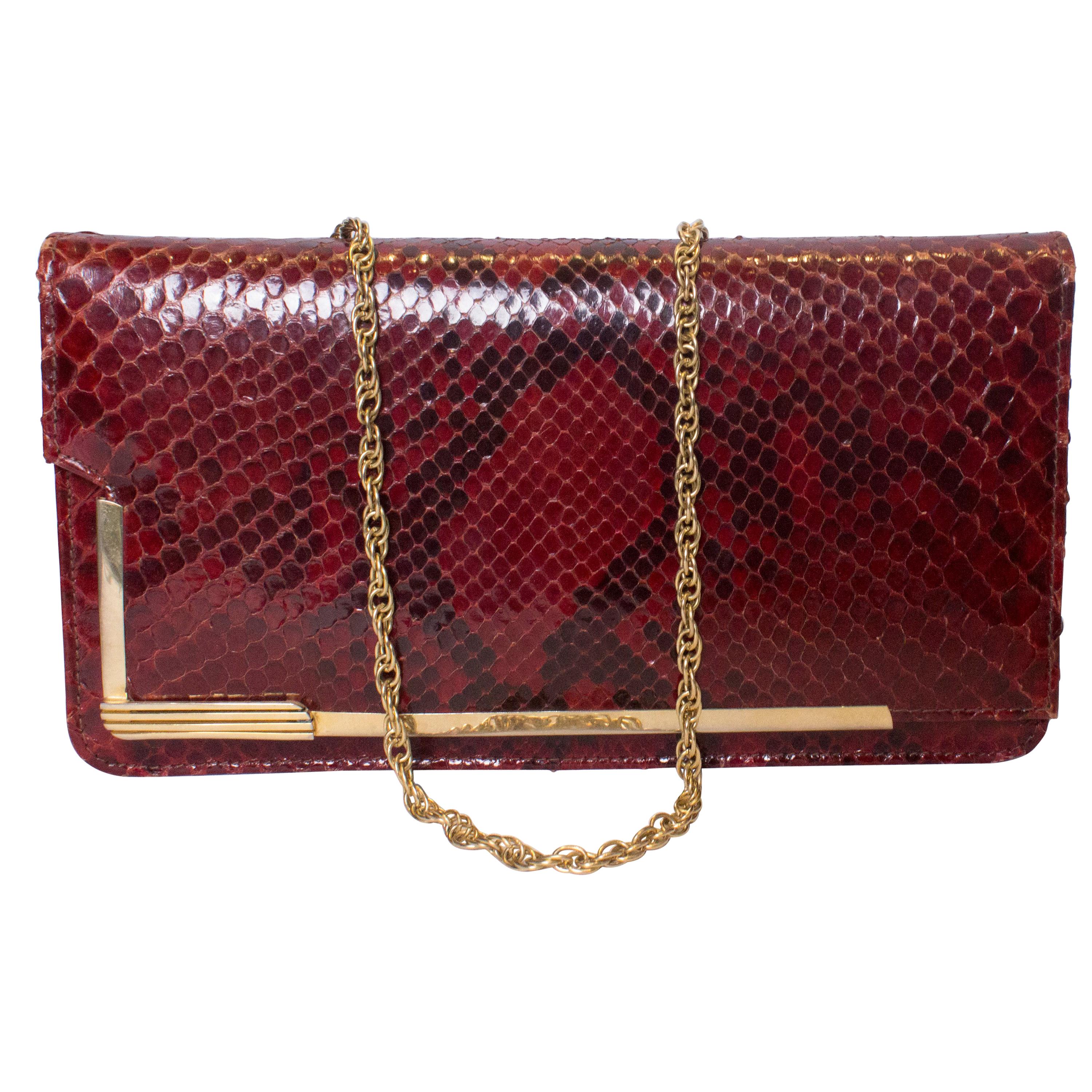 Vintage Red Snakeskin Handbag with chain handle For Sale