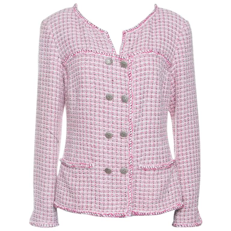 Chanel Pink and White Textured Double Breasted Jacket L