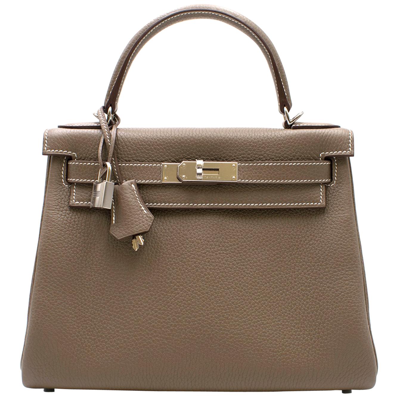 Hermes Clemence Leather Etoupe 28cm Kelly Bag 