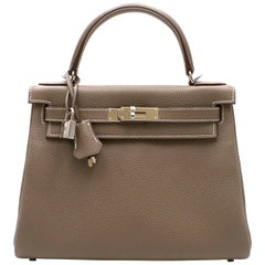 Hermes Clemence Leather Etoupe 28cm Kelly Bag 