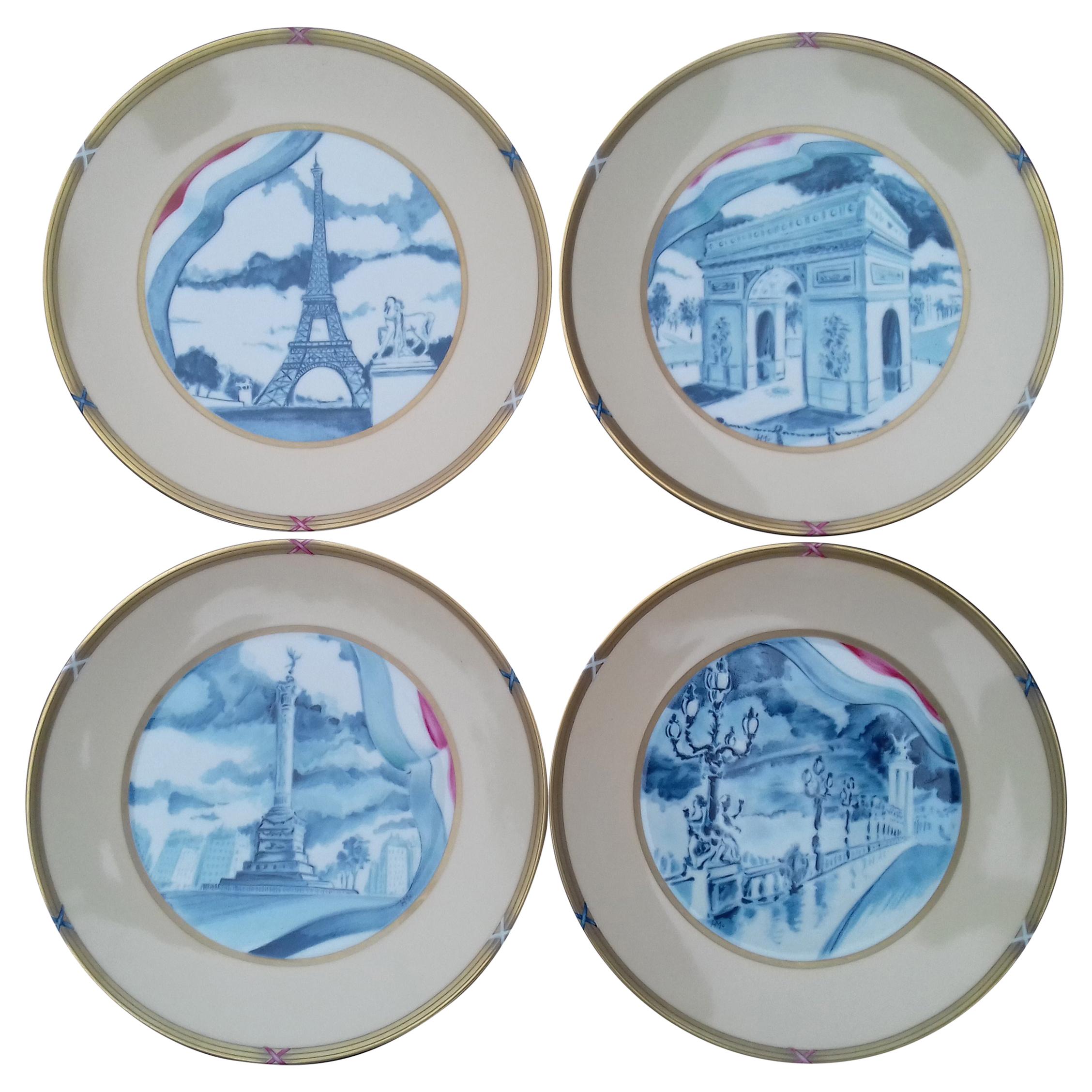 Exceptionnel ensemble de 4 assiettes Souvenir De Paris RARE de la Révolution Française d'Hermès