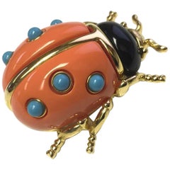 KJL Faux Coral and Turquoise Kenneth Jay Lane Ladybug Runway Brooch Pin 