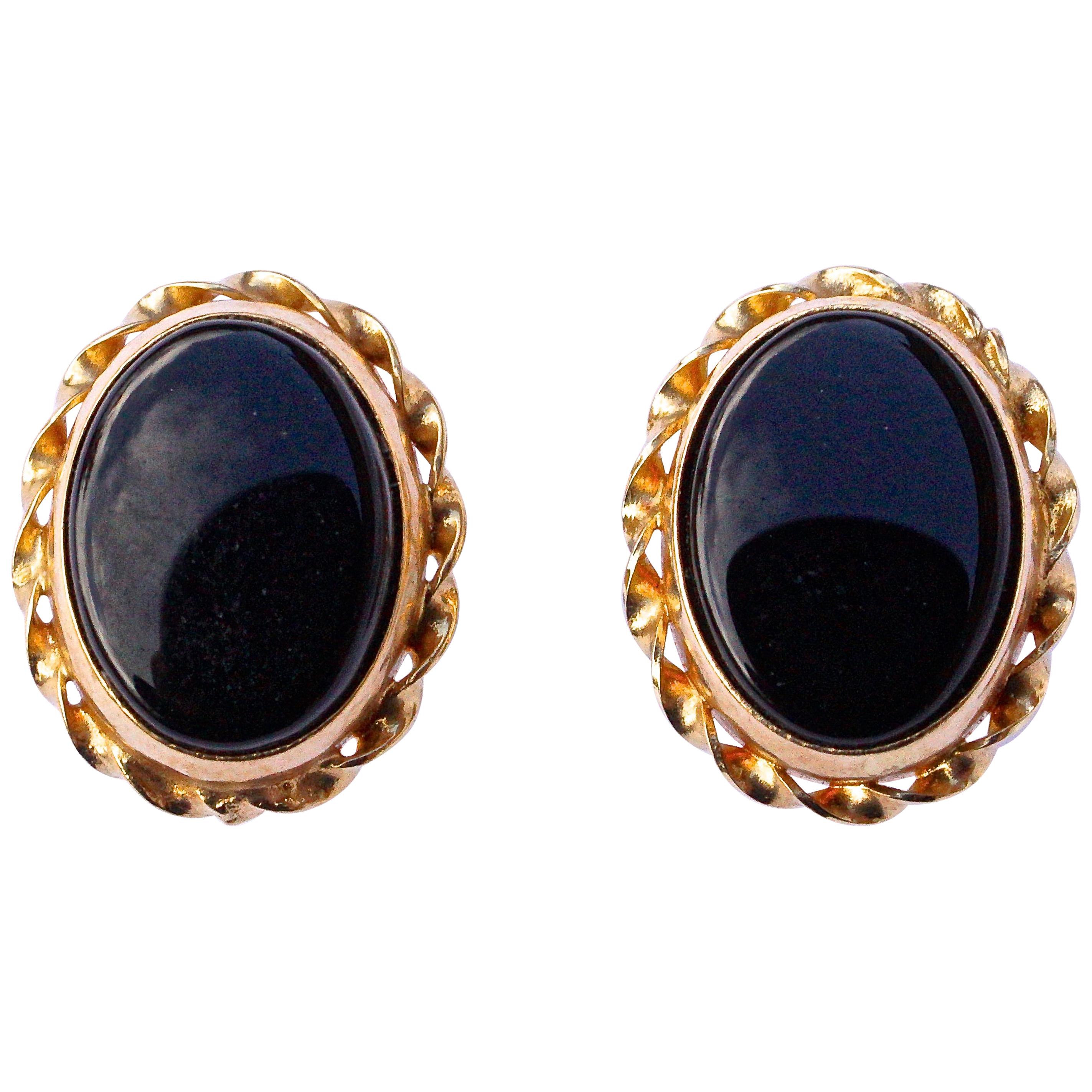 ZZ 14K Gold and Onyx Oval Stud Earrings with Gold Braided Edging