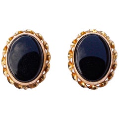 ZZ 14K Gold and Onyx Oval Stud Earrings with Gold Braided Edging