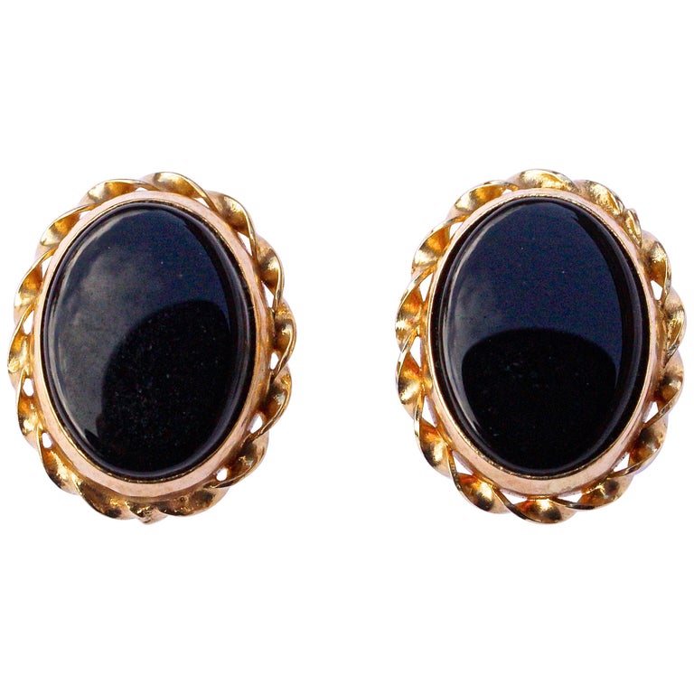 ZZ 14K Gold and Onyx Oval Stud Earrings with Gold Braided Edging at