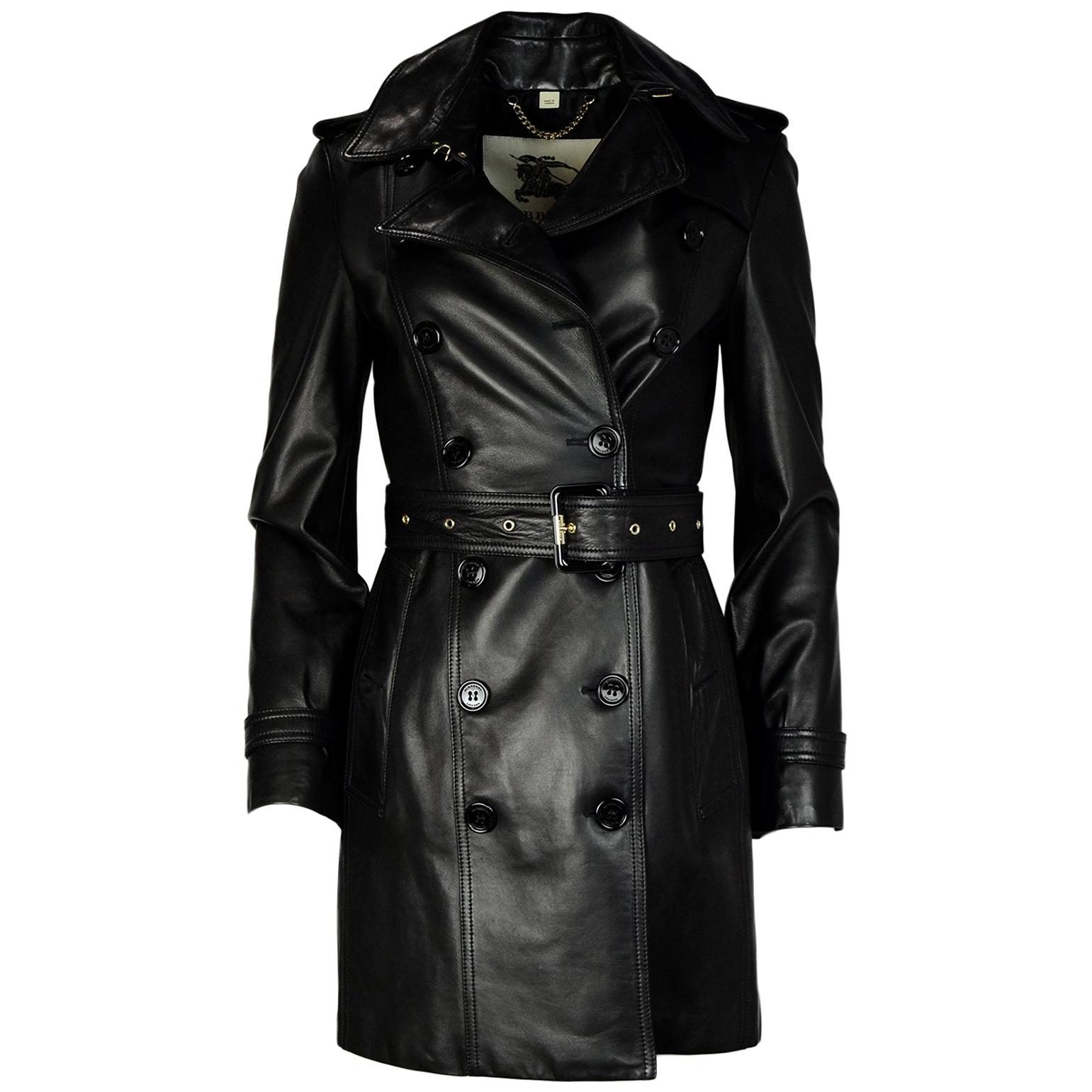 Burberry London Black Lambskin Leather Double Breasted Trench Coat W/ Belt  Sz 4 at 1stDibs