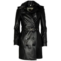 Burberry London Black Lambskin Leather Double Breasted Trench Coat W/ Belt Sz 4