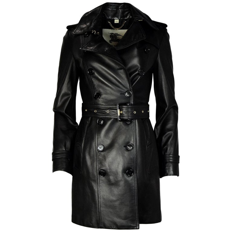 Burberry London Black Lambskin Leather Double Breasted Trench Coat W ...