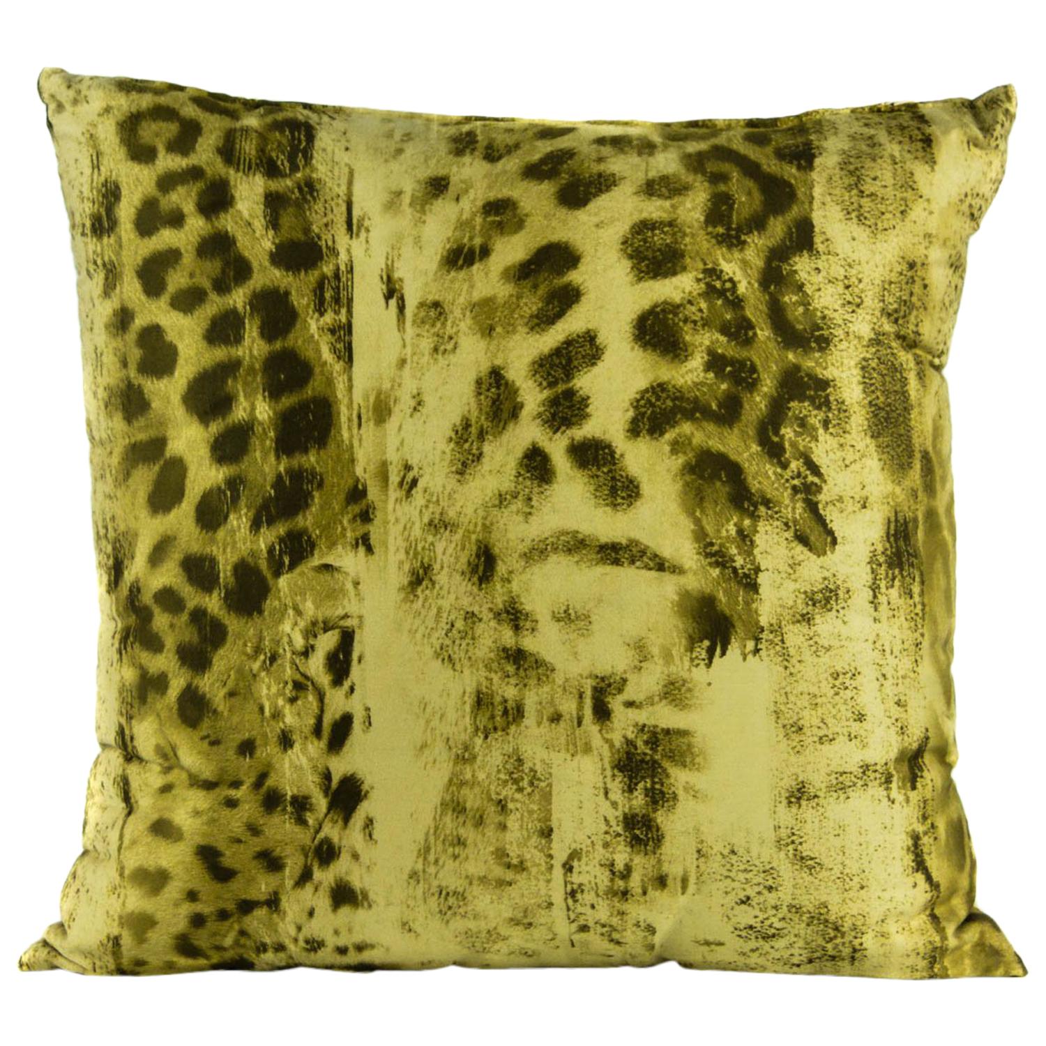 Roberto Cavalli Home Beige Silk Leopard Print Square Cushion For Sale