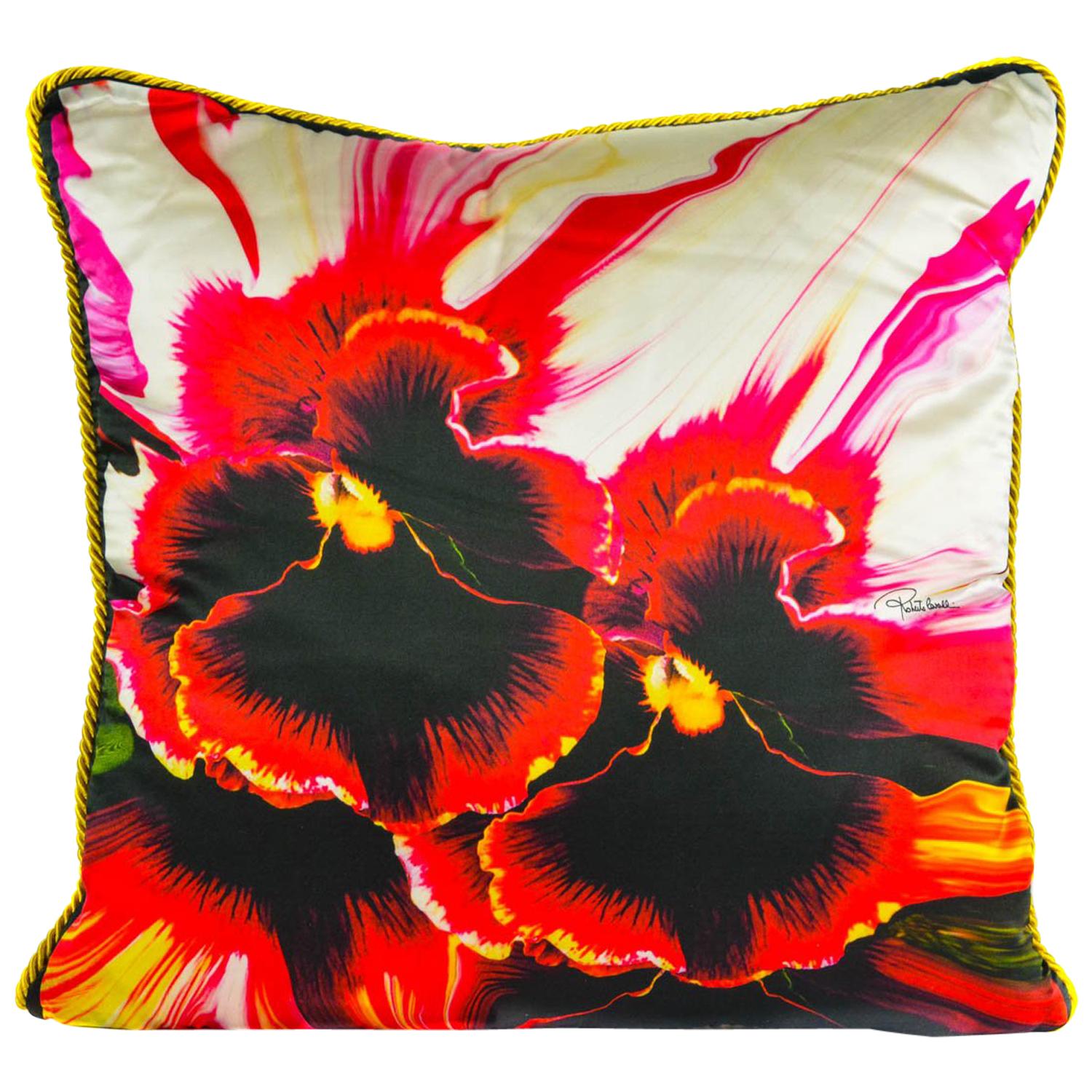 Roberto Cavalli Home Orchid Print Silk Square Decorative Cushion For Sale