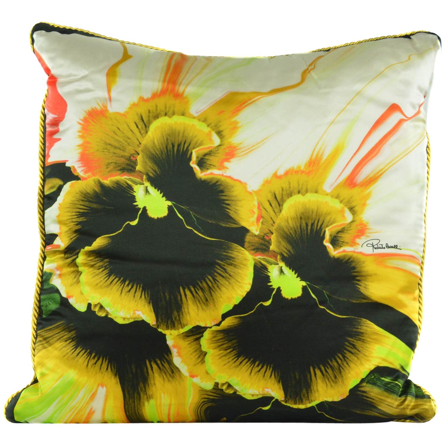 Roberto Cavalli Home Orchid Print Silk Square Decorative Cushion For Sale