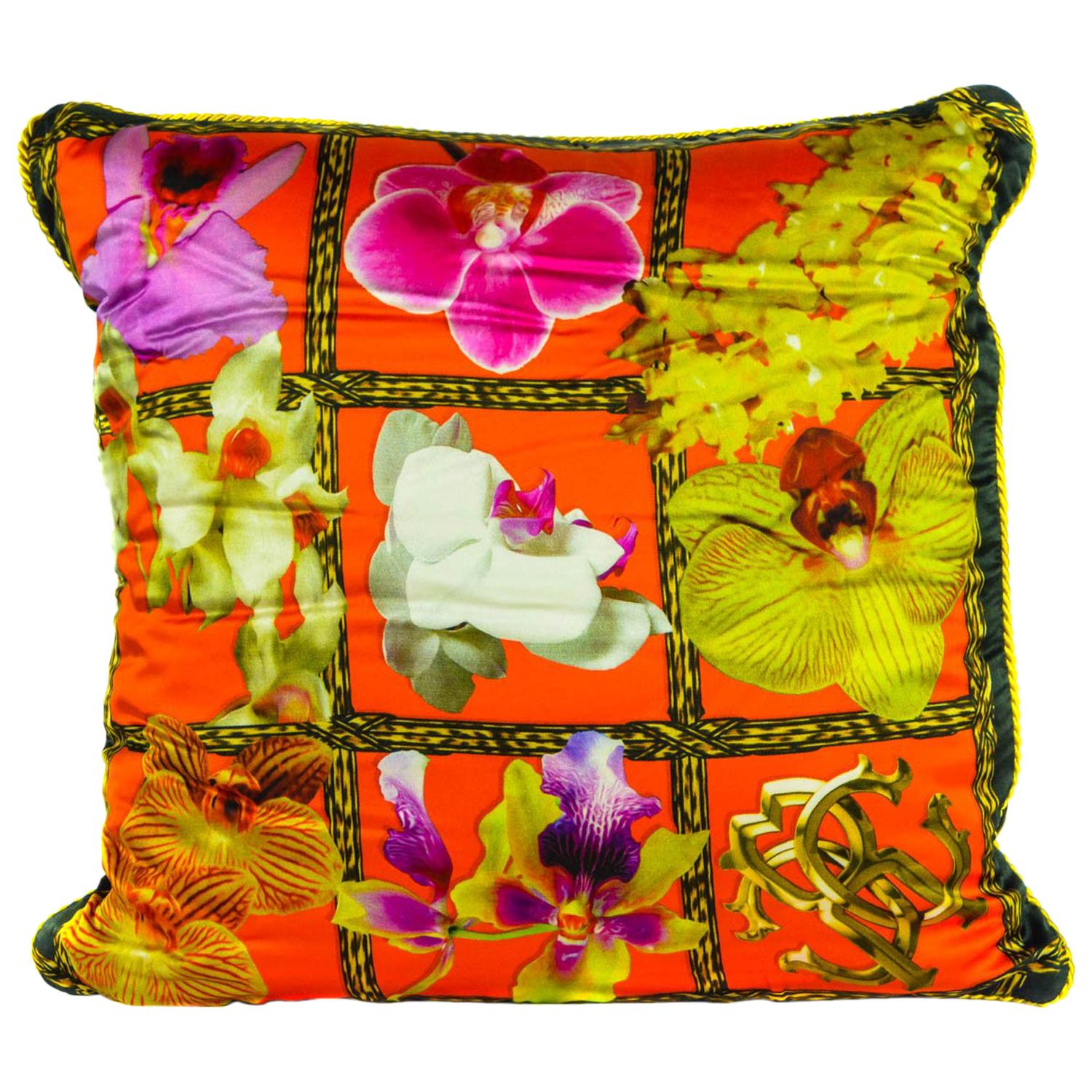 Roberto Cavalli Home Orchid Print Silk Square foulard Cushion For Sale